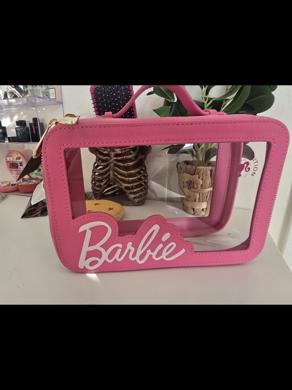 Barbie Hot Pink Clear Cosmetic Case with Top Handle